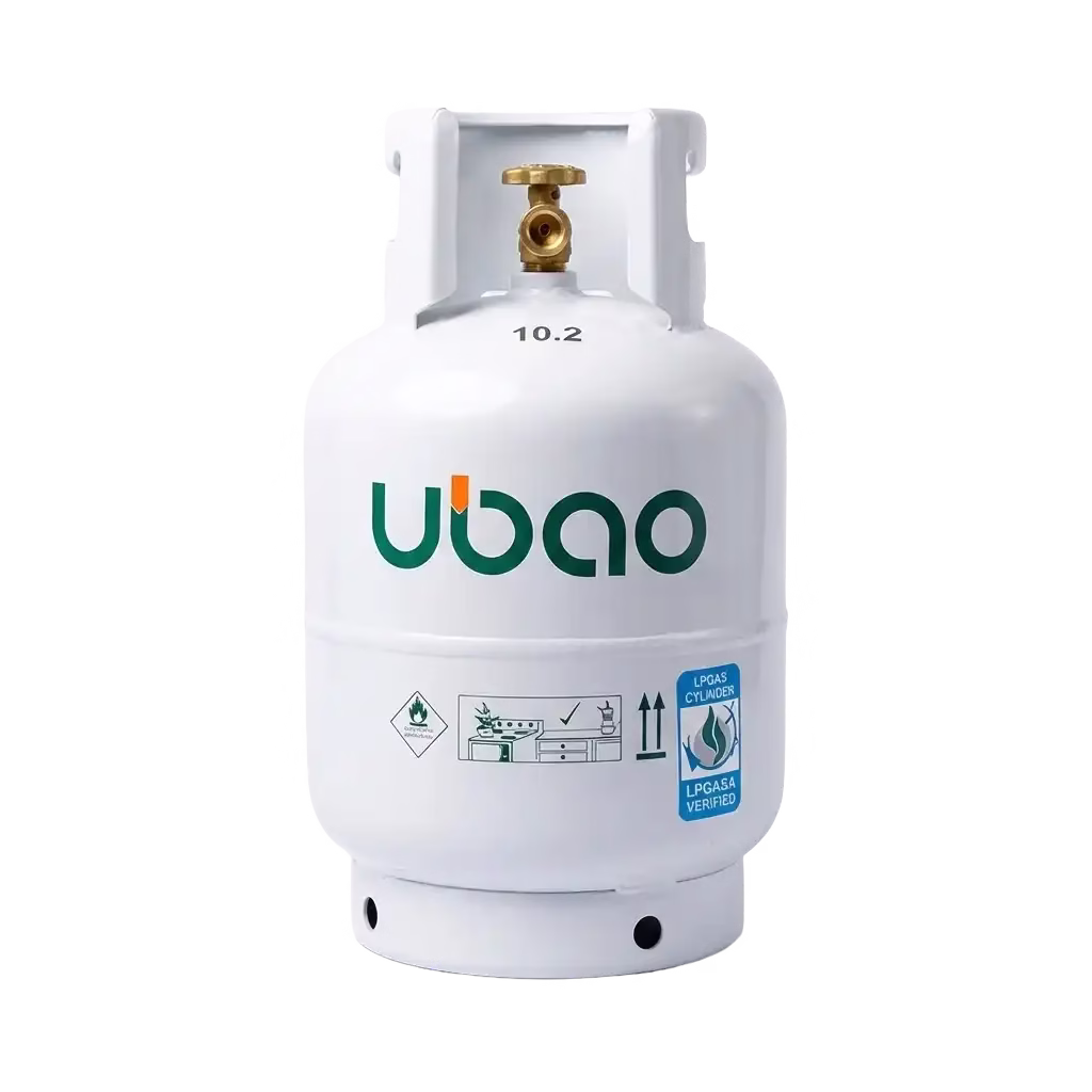 Authentic new white Ubao 9kg gas cylinder with green logo and brass bullnose valve, SABS certified.